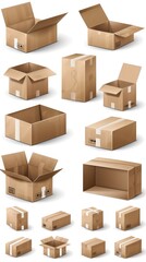 Fototapeta premium Variety of packaging boxes, showing both open and closed conditions, different angles, high-resolution, transparent PNG background