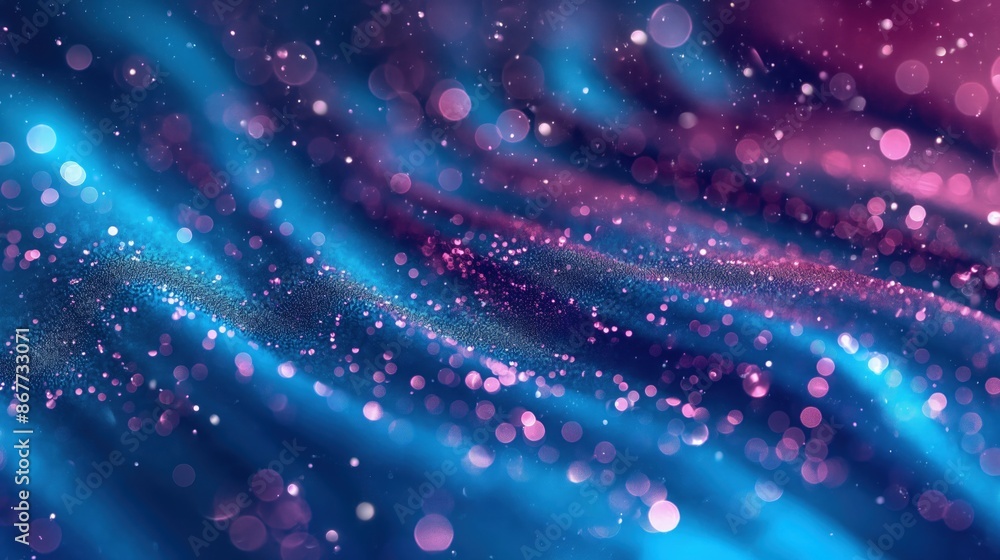 Poster a vibrant abstract pattern of blue and magenta glitters, swirling together in a dynamic and sparklin