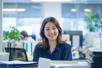 Japanese executive assistant scheduling appointments in a busy office, cheerful and organized, modern workspace