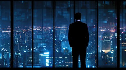 Fototapeta premium Executive Solitude: Silhouetted Man in Suit Viewing Night Cityscape