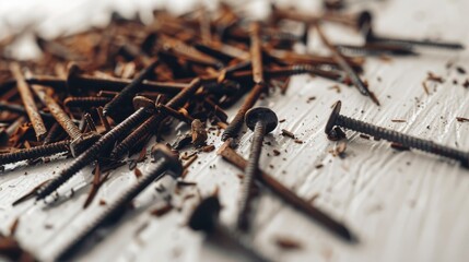 Close up view of wood nails on white surface with space for text focusing on shattered design