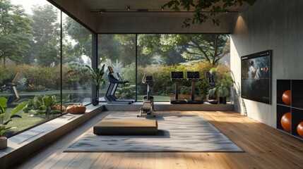 Modern Home Gym with Panoramic View of Backyard Oasis. Fitness, Wellness, and Luxury Living