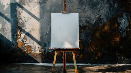 White canvas displayed on a small wooden easel against a dark backdrop