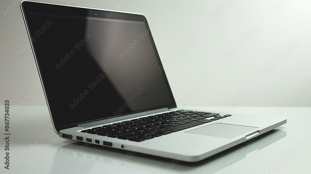 Poster a laptop is open on a table with a white background