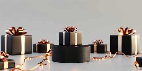 Black gift boxes with copper ribbons on a light background. Modern and elegant design perfect for luxury gift presentations and holiday decor