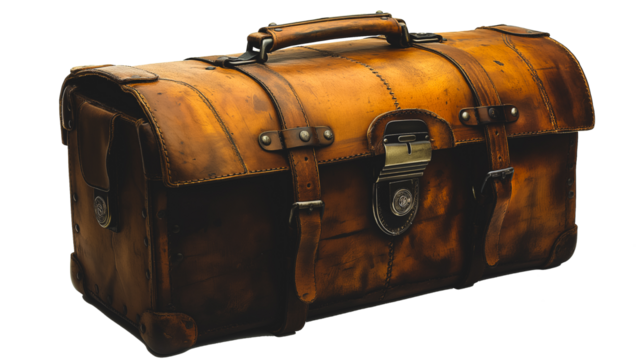 A brown leather suitcase with a gold buckle