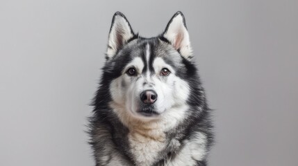 Close up photo of Alaskan Malamute dog with black and white fur sitting in studio and gazing at the camera