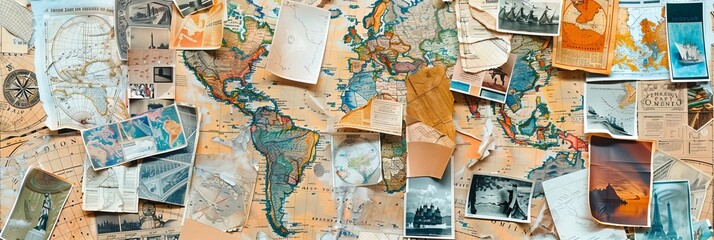 An artistic collage of old maps and postcards spread across a table, evoking a sense of travel, exploration, and adventure.