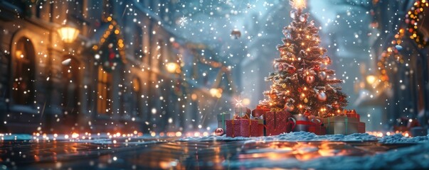 A festive Christmas scene with a decorated tree, presents under the tree, and snow falling outside.