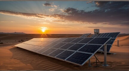 Solar power station in a desert area with a crystal clear sky and sand dunes.