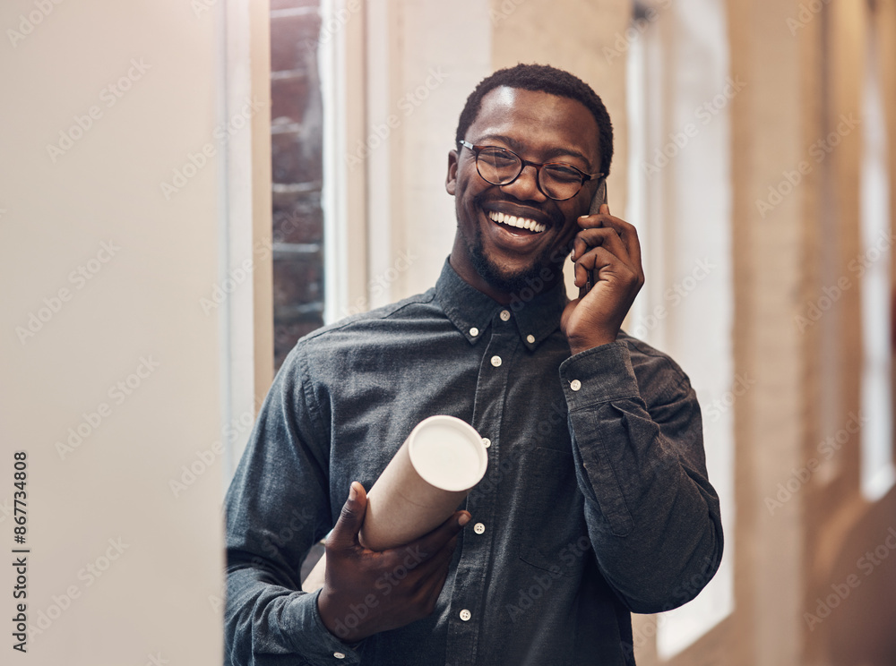 Poster Portrait, black man and phone call with blueprint in office for floor plan, communication or feedback. Contractor, smile and employee with tech at work for architecture, progress and update to client