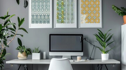 Patterned posters above desk with computer monitor in grey home office interior with plants.