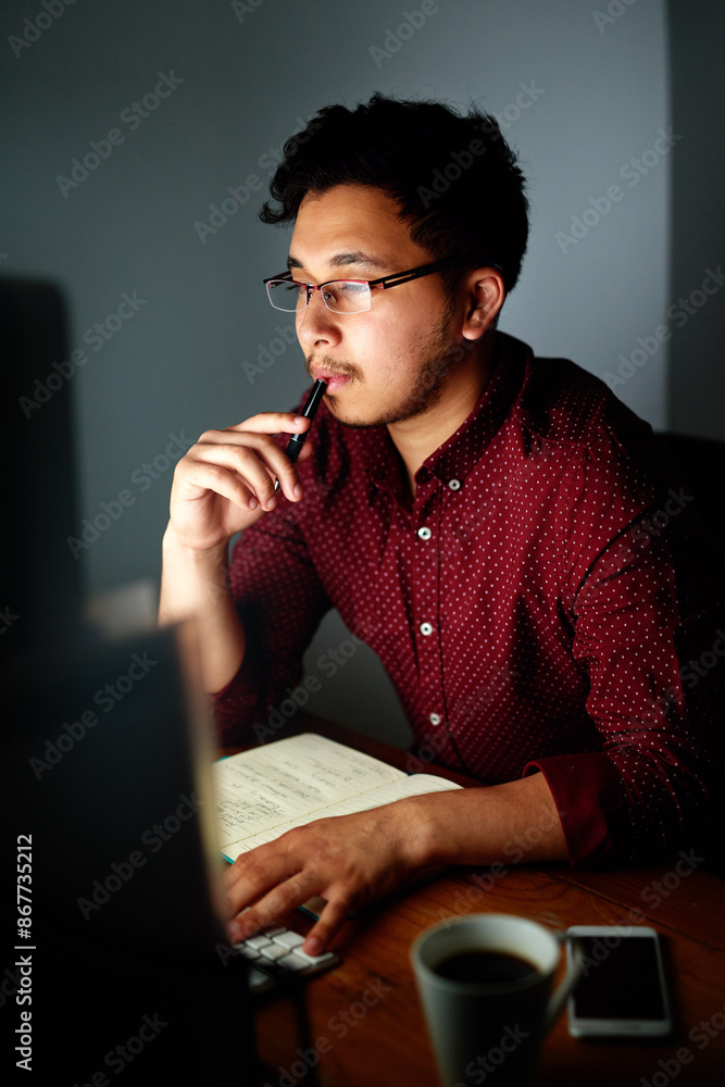 Poster Thinking, man and computer at night in office with notebook, data coding, information or software programming solution. Male developer, pc and notes for database update, it code and server deadline