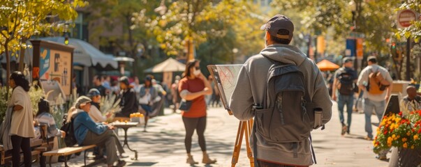 An artist sketching portraits of passersby in a busy urban square, capturing the diversity and energy of the city.