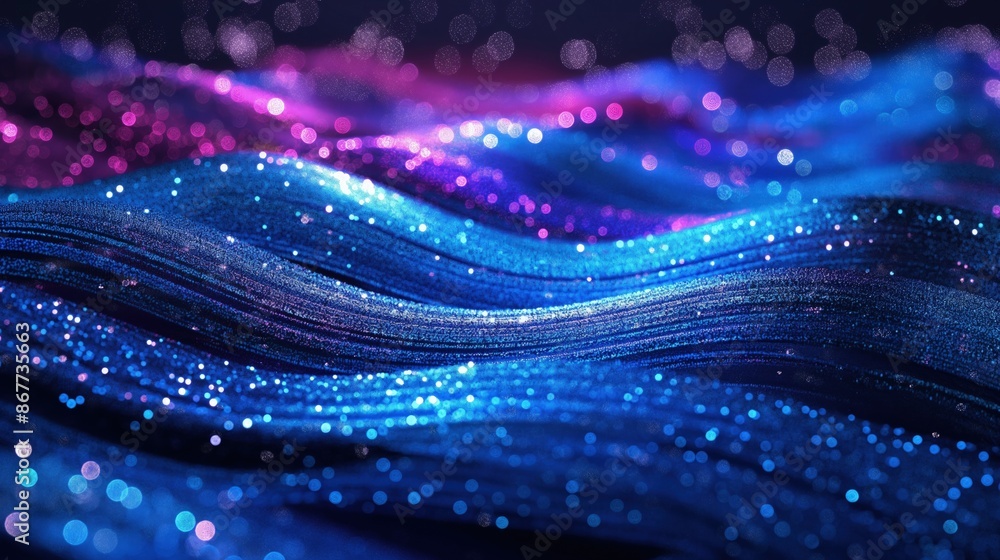 Poster a wave pattern of alternating blue and magenta glitters, simulating the rhythmic and mesmerizing mov