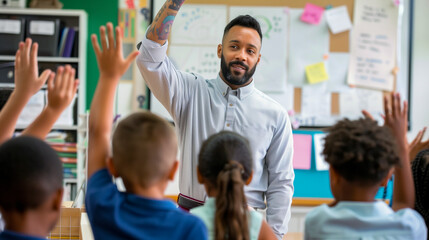 teacher in class asking question and kids rising  hands  ..