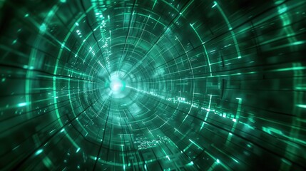 Obraz premium Radial emerald light through a tunnel glowing in the darkness, featuring grid-like patterns and a radiant central core for e-commerce signs.