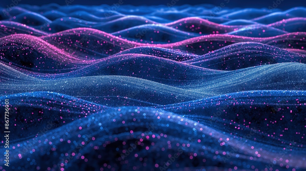 Poster a wave pattern of alternating blue and magenta glitters, simulating the rhythmic and mesmerizing mov