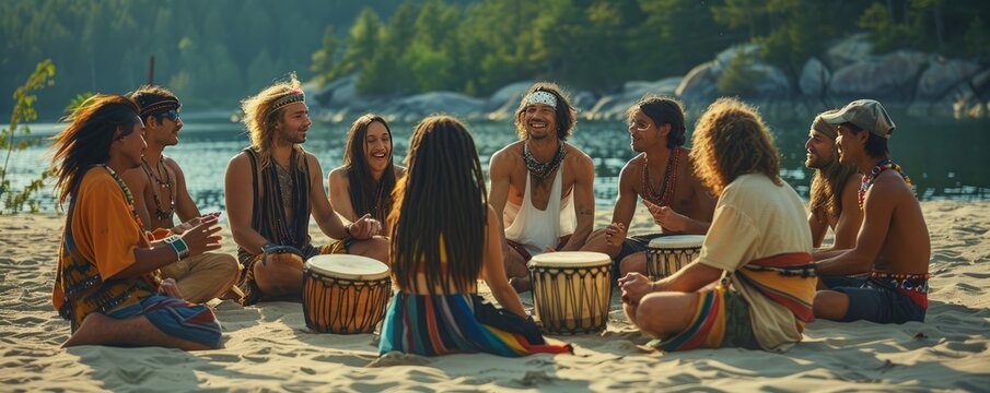 A group of friends participating in a traditional drum circle on a sandy beach, feeling the rhythm pulse through their bodies.