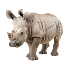 Obraz premium A baby white rhinoceros stands on isolated on White background, looking directly at the viewer. Its skin is smooth and gray, and its eyes are dark and inquisitive.