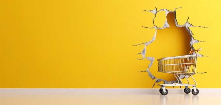 Shopping cart breaking through yellow wall, symbolizing retail breakthrough or aggressive marketing. Dynamic and bold visual concept.