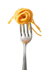A fork holding a single serving of spaghetti isolated on White background., ready to be eaten.  The pasta is golden brown and the fork is silver