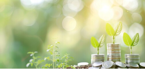 Coins stacked with seedlings growing, symbolizing investment, growth, and financial prosperity in a nature background.