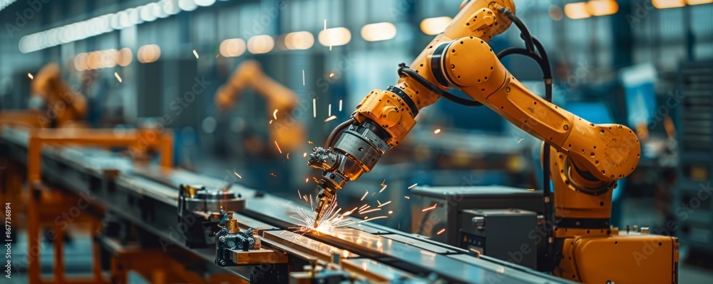 Aufkleber a robot arm assembling a complex piece of machinery, its movements precise and efficient.