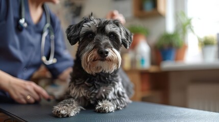 A small black and grey dog sits on an examination table at the veterinarian's office.  The dog looks directly at the camera with a serious expression.