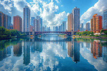 Fototapeta premium A vibrant urban skyline with modern skyscrapers reflecting in the calm waters of a river, under a bright blue sky scattered with fluffy clouds