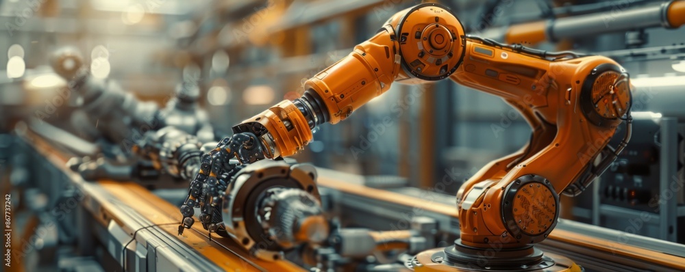 Poster a robot arm assembling a complex piece of machinery, its movements precise and efficient.