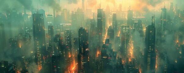 A bustling cyberpunk city, its neon-lit skyscrapers piercing the smog-filled sky.