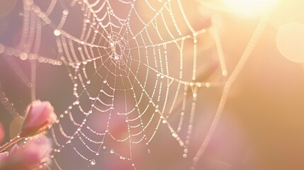 Dew-covered spider web glistening in the early morning light, each droplet sparkling like a tiny gem