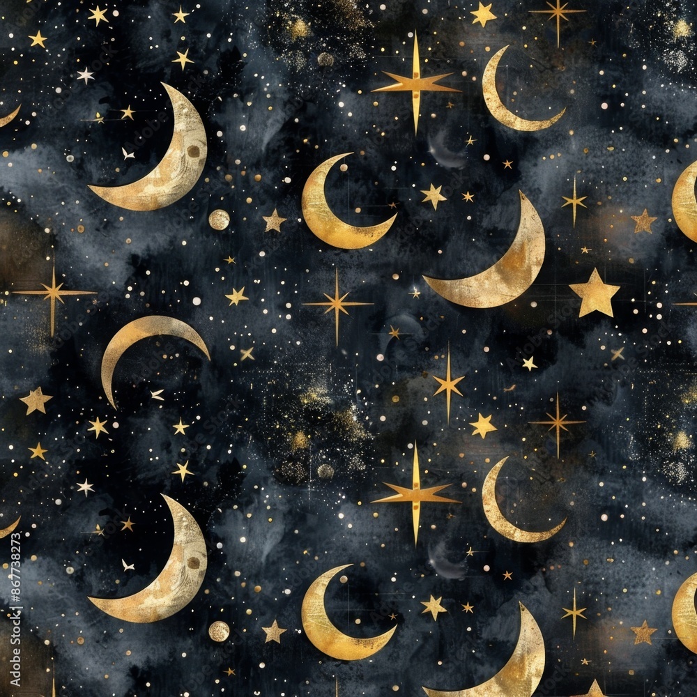 Wall mural elegant celestial pattern with gold crescent moons and stars on a dark blue background, creating a l