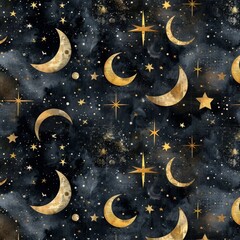 Elegant celestial pattern with gold crescent moons and stars on a dark blue background, creating a luxurious and enchanting night sky design with shimmering metallic details.