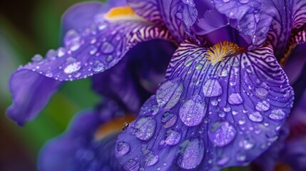 Close-up of raindrops on a purple iris, with the flower's texture and color enhanced by the moisture