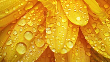 Close-up of raindrops on a sunflower, with the water droplets enhancing the vibrant yellow petals