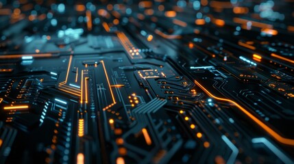 Close-up of a futuristic circuit board with glowing orange and blue lines, representing advanced technology and electronic innovation.