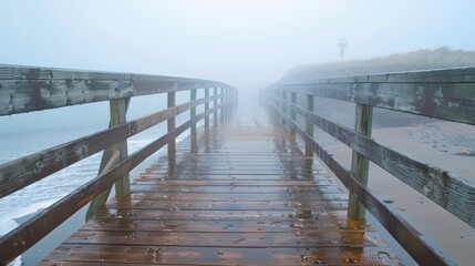 Fototapeta premium Wet boardwalk leading to a foggy beach, with raindrops glistening on the wooden planks
