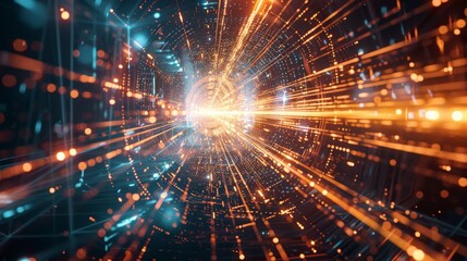 Fototapeta premium Abstract depiction of glowing orange and blue particles in a dynamic wave formation, representing digital data and energy flow.