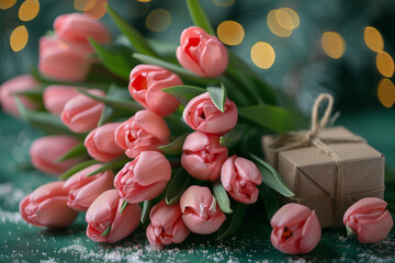 Tulips on a green background