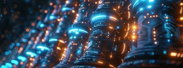 Big pillar decorated with blue glowing electrical circuits. 
