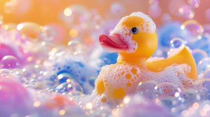 Rubber duck covered in soap bubbles.