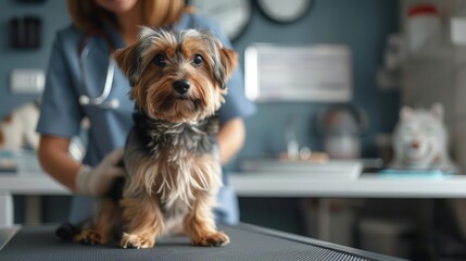 A small dog sits on an examination table, looking up at the vet in a veterinary clinic. The vet is out of focus in the background. The dog is a Yorkshire Terrier.