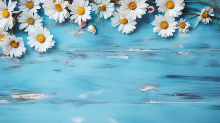 White daisies on a blue wood background, a summer floral painting.