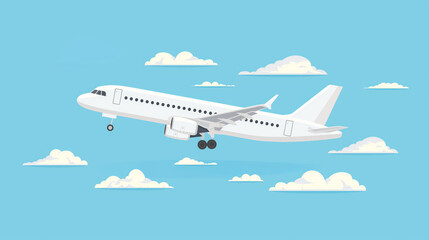 Cartoon illustration white airplane flying with landing gear extended against a blue sky.