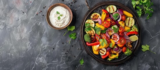Grilled veggies served with yogurt dressing. Overhead shot with empty area for text.