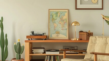 Retro composition of living room interior with mock up poster map, wooden shelf, book, armchair, plant, cacti, vinyl recorder, decoration and personal accessories in stylish home decor.