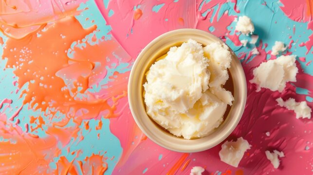 Shea butter in bowl on colored backdrop