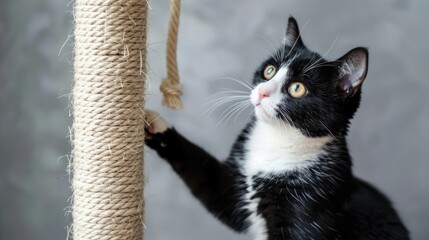 Playful black and white cat interacts with toy and scratching post in room with gray wall